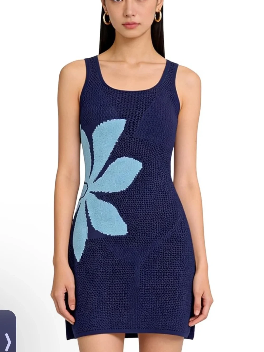 Amazon Navy Blue One-Piece Swim Dress with Light Blue Floral Accent